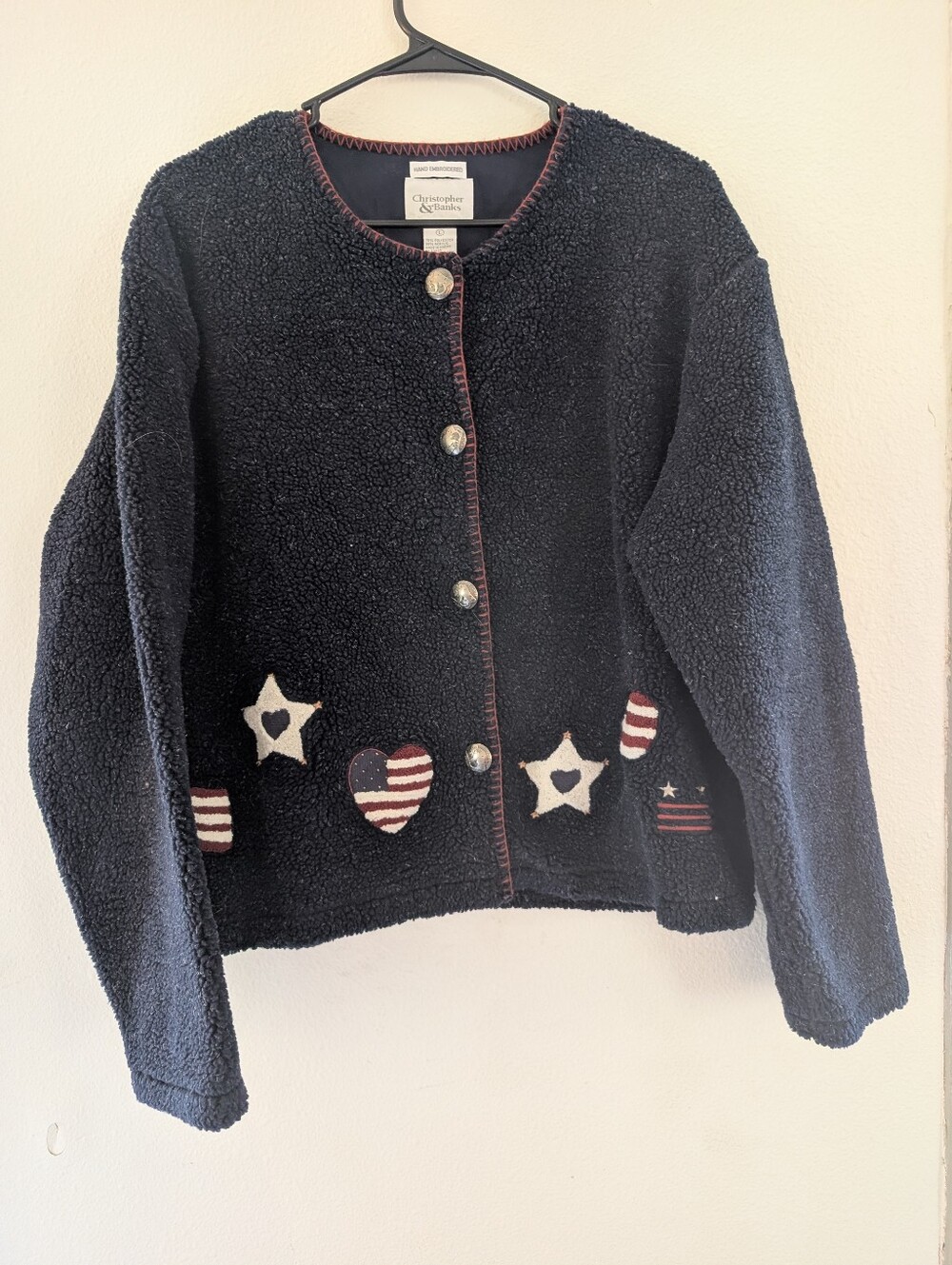 Christopher & Banks Navy Sherpa Jacket with Stars & Hearts Appliqués